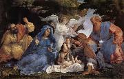 Lorenzo Lotto L'Adoration de l'Enfant Jesus avec la Vierge Marie et joseph,Elisabeth et Joachim et trois anges oil painting reproduction